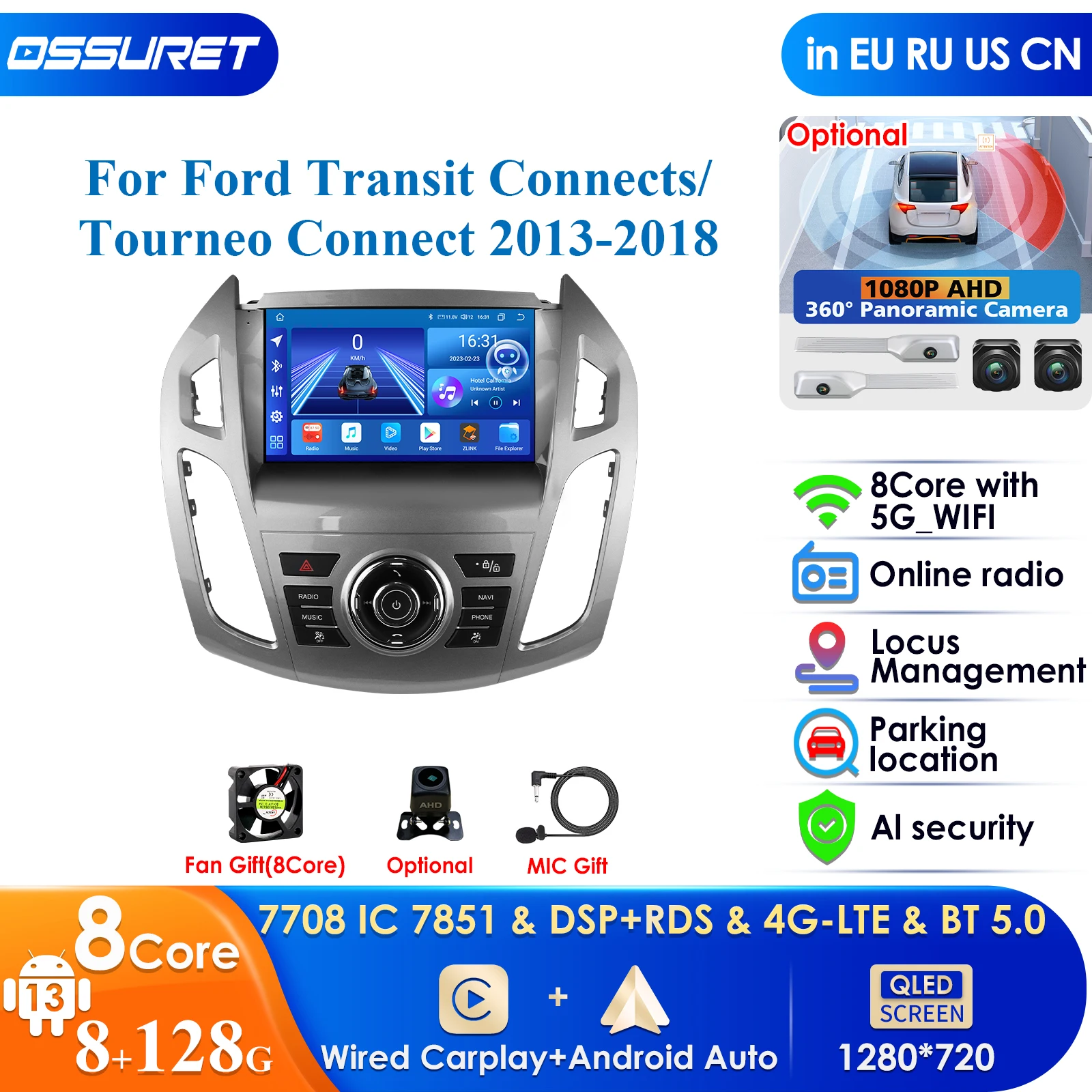 Android 13 2Din Car Radio for Ford Transit Connect 2013 - 2018 Ford Tourneo Connect Multimedia Video Player Carplay 4G Head Unit