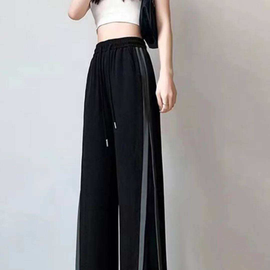 Freizeithose für Damen, elastische Taille, Kordelzug, hohe Taille, lockere Passform, weites Bein, seitlicher Streifen, gerader Schnitt mit Seitentaschen, Büro