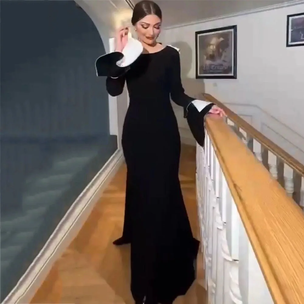 

Contrast Color Trumpet Party Dresses Backless Long Sleeve Sexy Floor-Length Evening Dress Draped Sweep Train Prom Gown