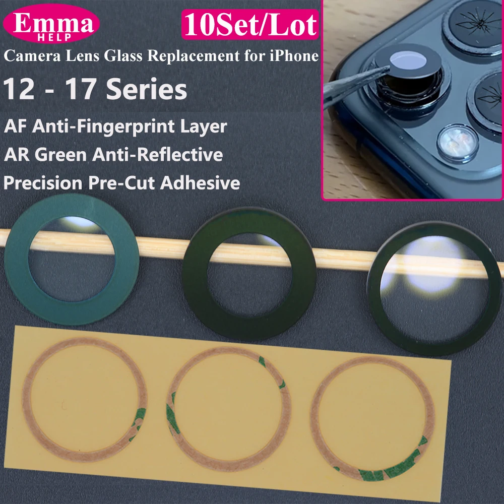 EmmaHelp 10er-Set Rückkamera-Glas für iPhone 15 14 13 12 16 17 Pro Max Rückkamera-Objektivabdeckung Ersatz-Aufkleber A+