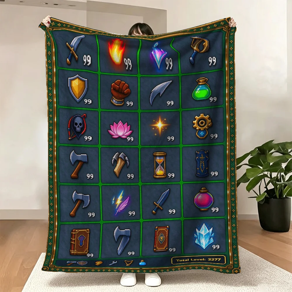 Retro Pixelated Game-Inspired Blanket - Nostalgic RuneScape Skill Menu Design, Dark Stone Grid Background, 99 Max Level Detail,
