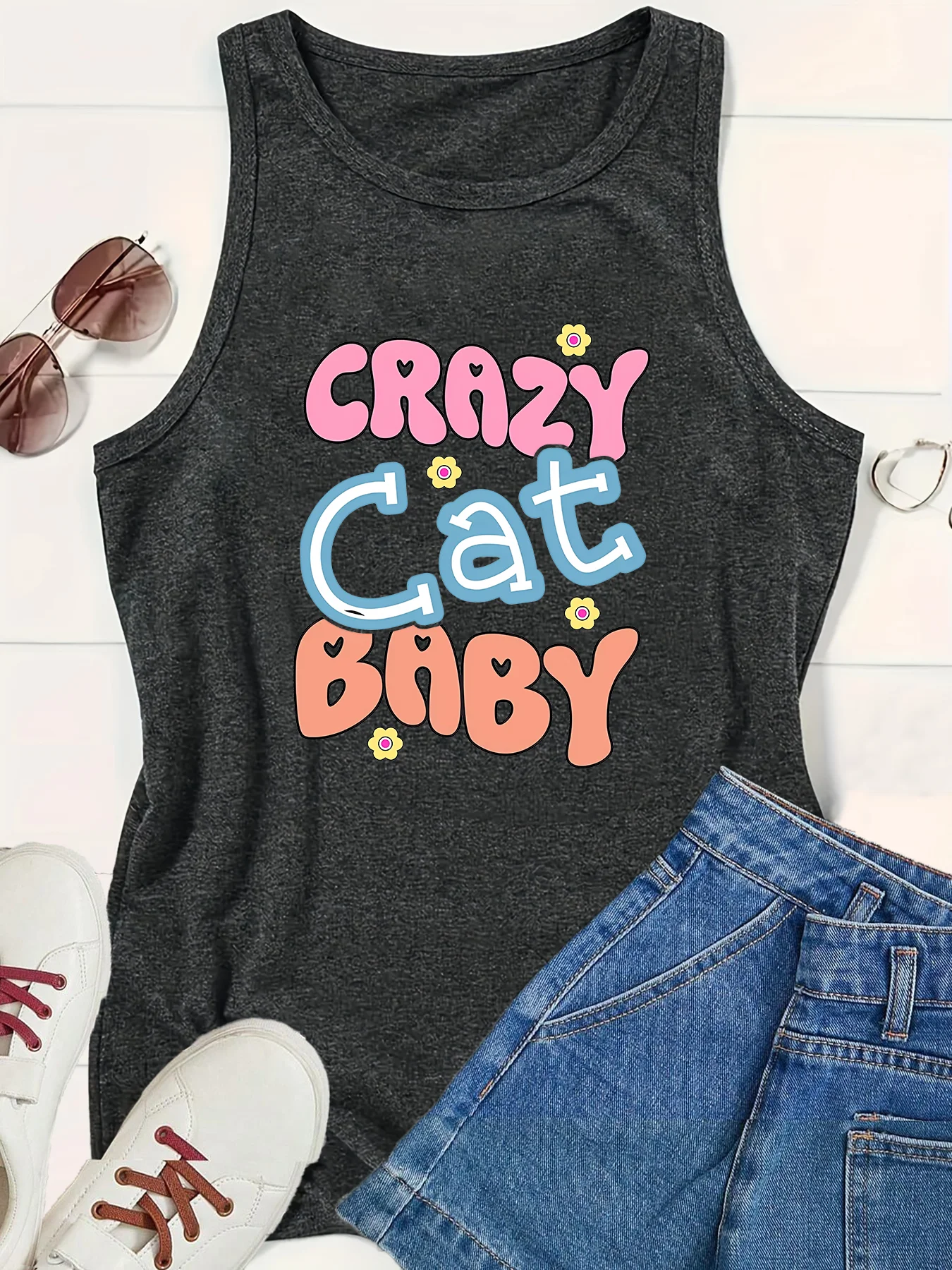 Crazy Cat Baby  Cute All Letter Women's Safety Tank Top Loose O Neck Sleeveless Casual Tank Top Women's Clothing