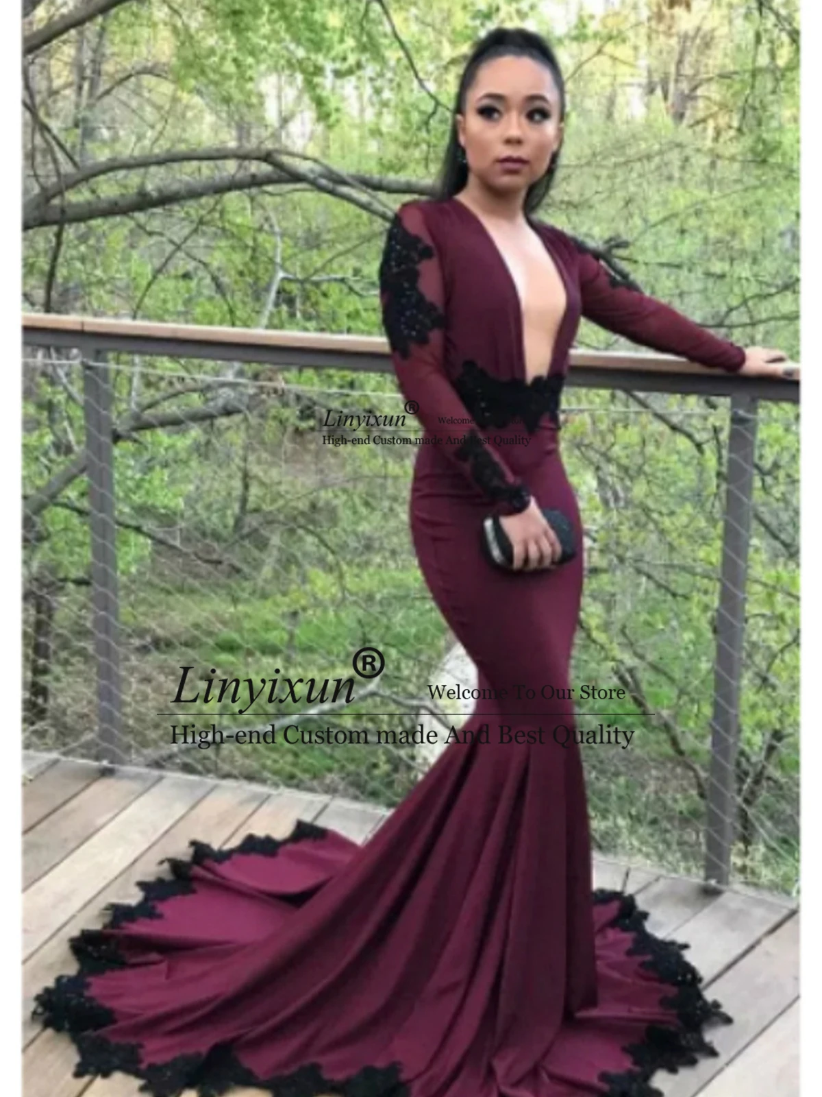 

Sexy Burgundy Mermaid Prom Dress For Women Lace Long Sleeve Deep V-neck Backless Evening Gowns Sweep Train Vestidos De Noche