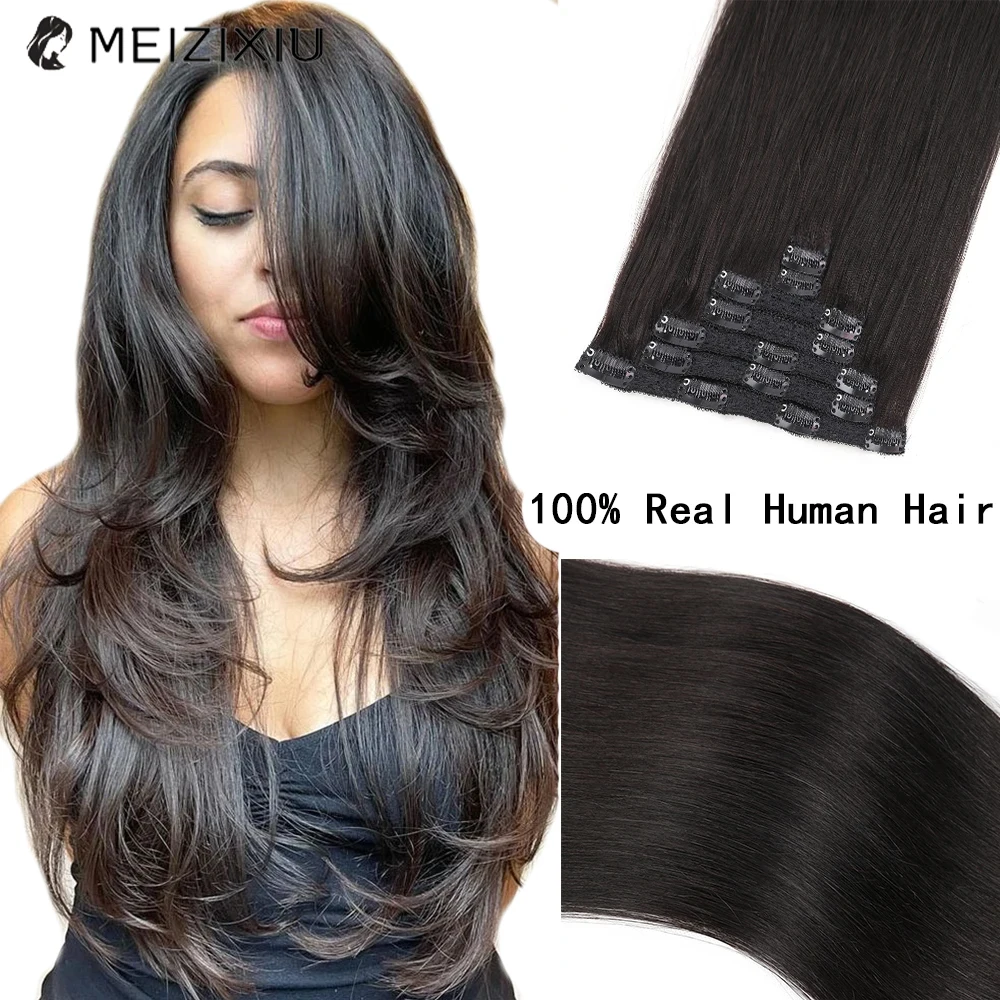 

Natural Black Clip In Hair Extensions Remy Real Hair Straight Double Weft 7PCS Clip-On HairPiece Clip In Human Hair for Women 1B