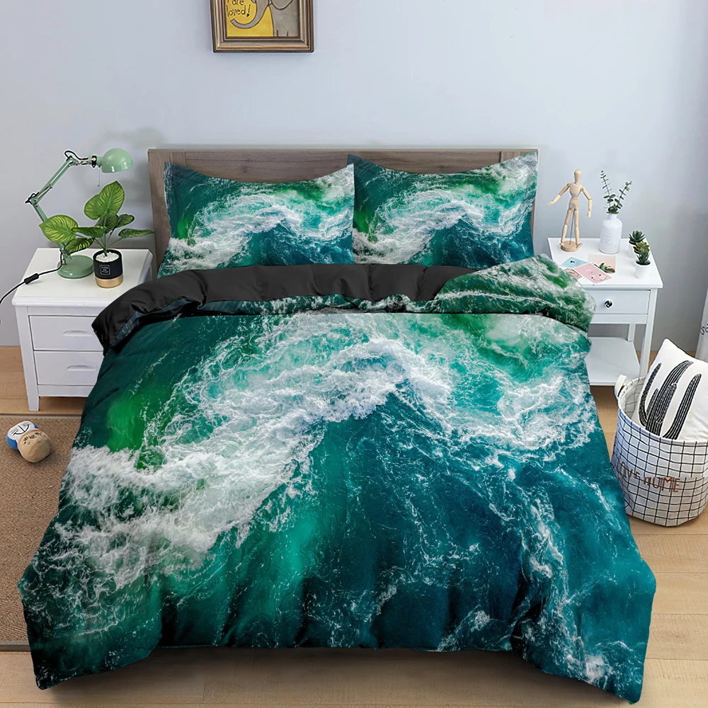 Sea Wave Duvet Cover King/Queen Size 3D Blue Ocean Spray Waves Bedding Set for Kids Teens,Azure Seawater Soft Comforter Cover