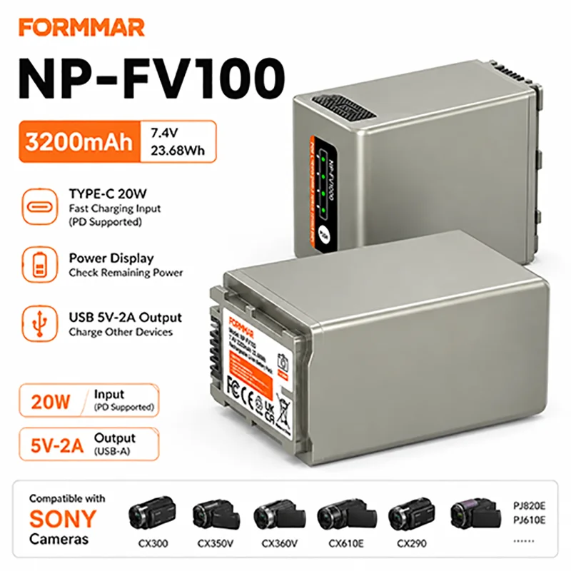 NP-FV100 NP-FV100D 3800mAh Battery  for Sony HDR-CX220 CX240E CX290 PJ50E PJ60E NEX-VG10 Camcorder Battery with USB Output
