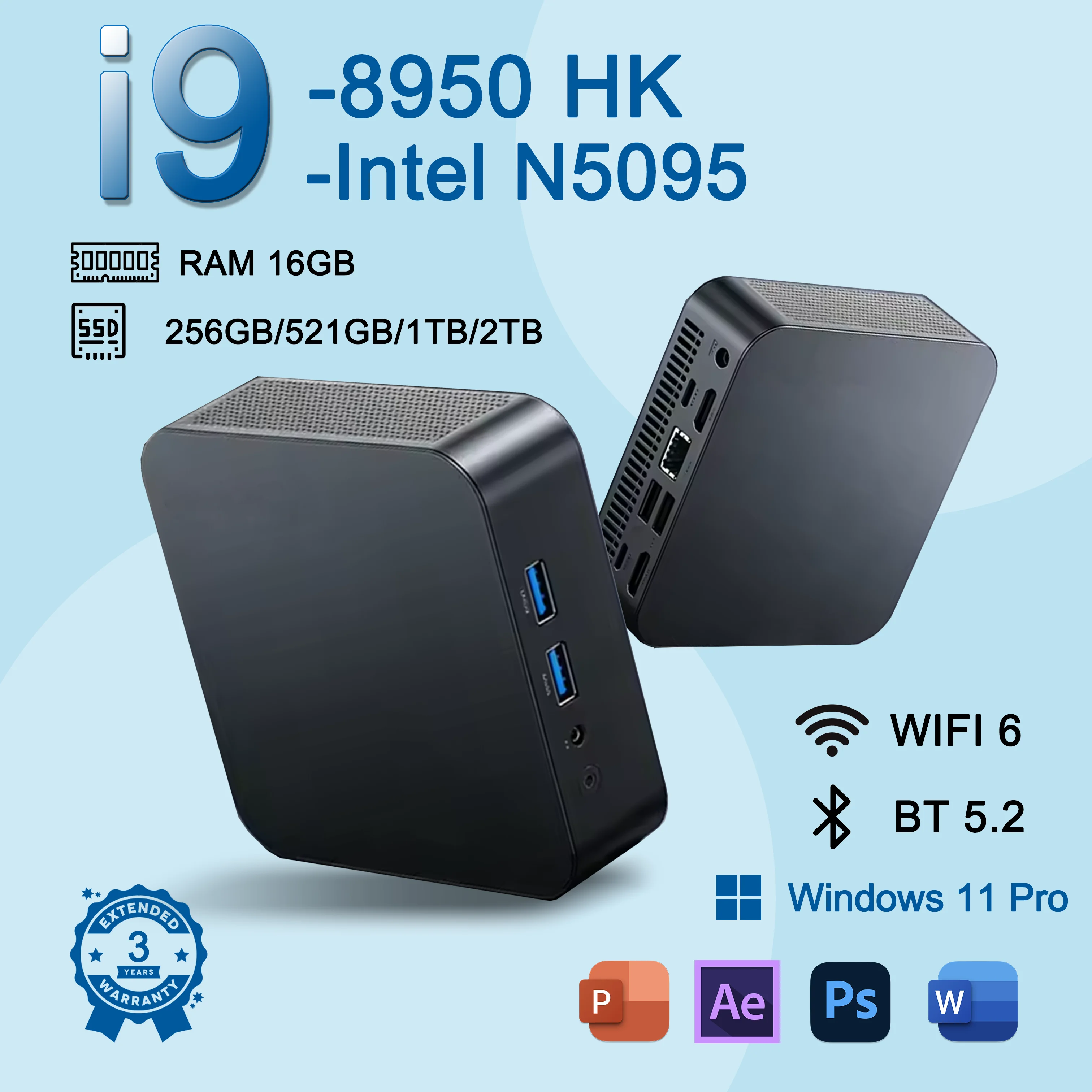 Mini PC Gamer Intel Core i9 8950HK/Intel N5095 16 Go DDR4 1 To SSD Double Wi-Fi 6 BT5.2 4K HD Mini PC de bureau pour le gaming