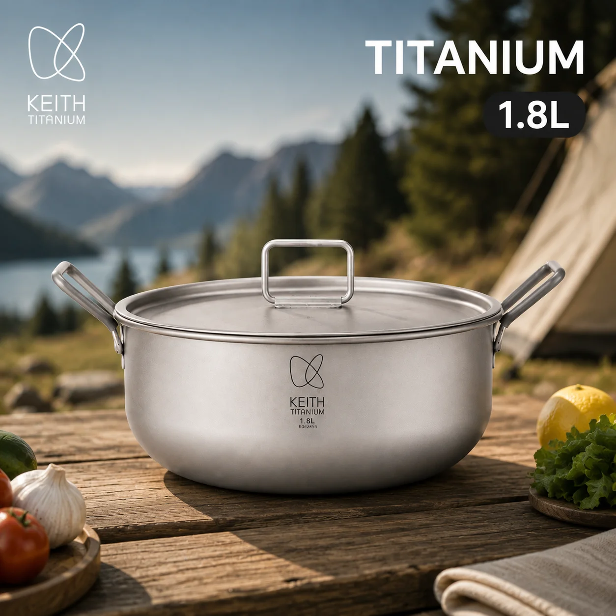 KEITH 1.8L Pure Titanium Camping Pot, Foldable Dual‑Handle Soup Pot with Lid & Storage Bag, Ultralight Cookware for Hiking
