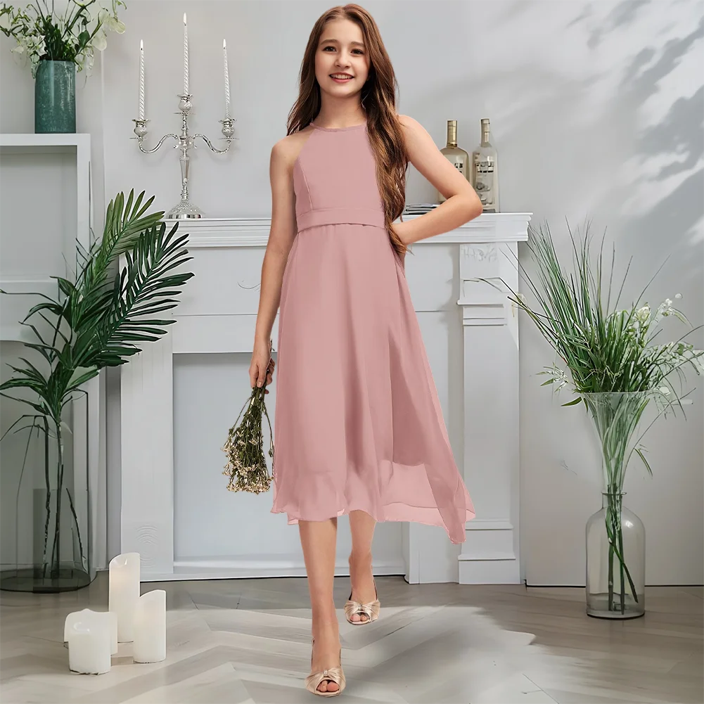 

Luxurious Halter Junior Bridesmaid Dress Moonlit Silver Flower Girl Dress Floor-Length Chiffon With Cascading Pleats Wedding