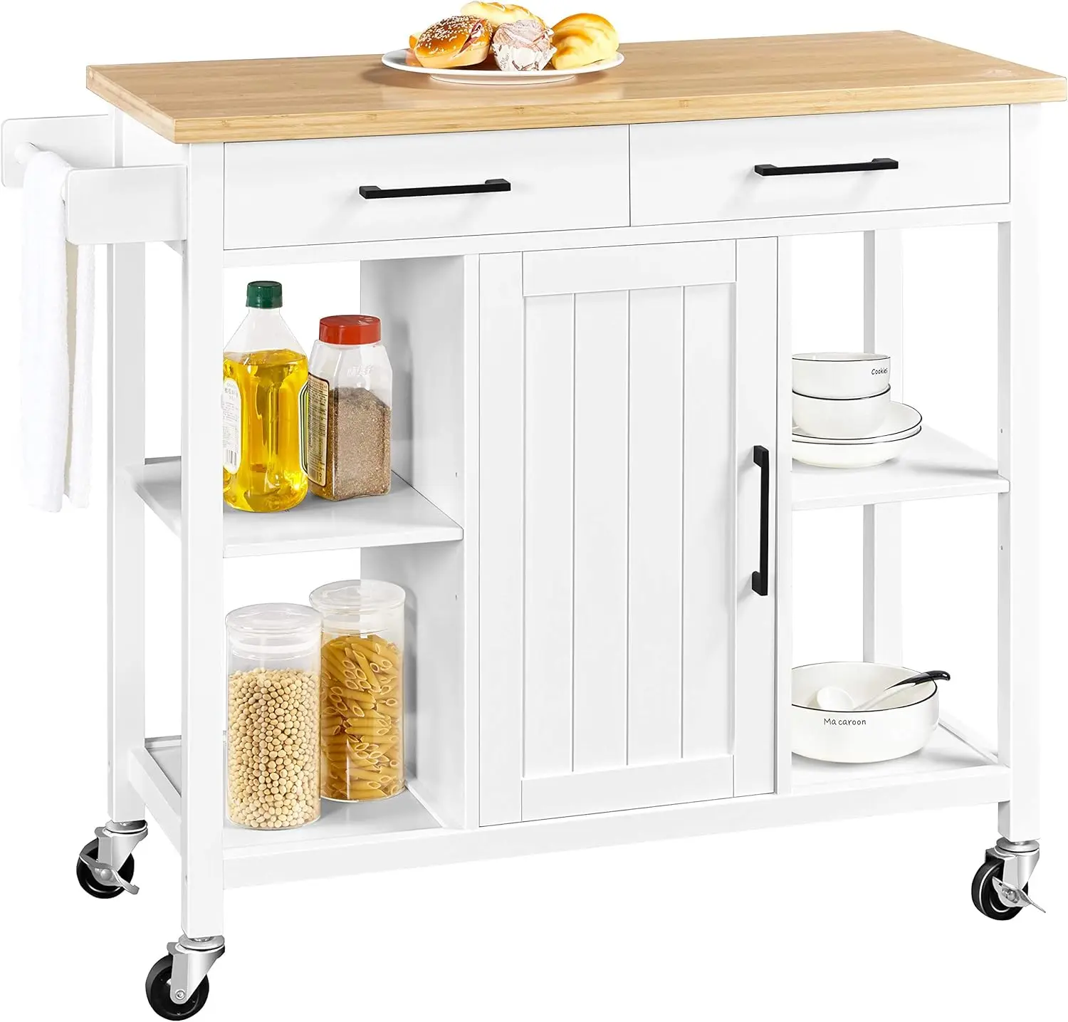 

Kitchen Island Cart with Bamboo Countertop, Rolling Kitchen Storage Trolley with 2 Drawers and Adjustable Shelves