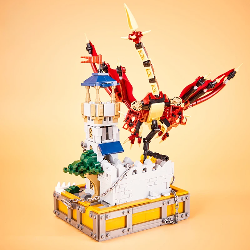Kreatywny magiczny smok i osłona skarbów Wieża czarownic Bajka Model architektoniczny Zestaw klocków Monster Bricks Zabawka dla dzieci Gif