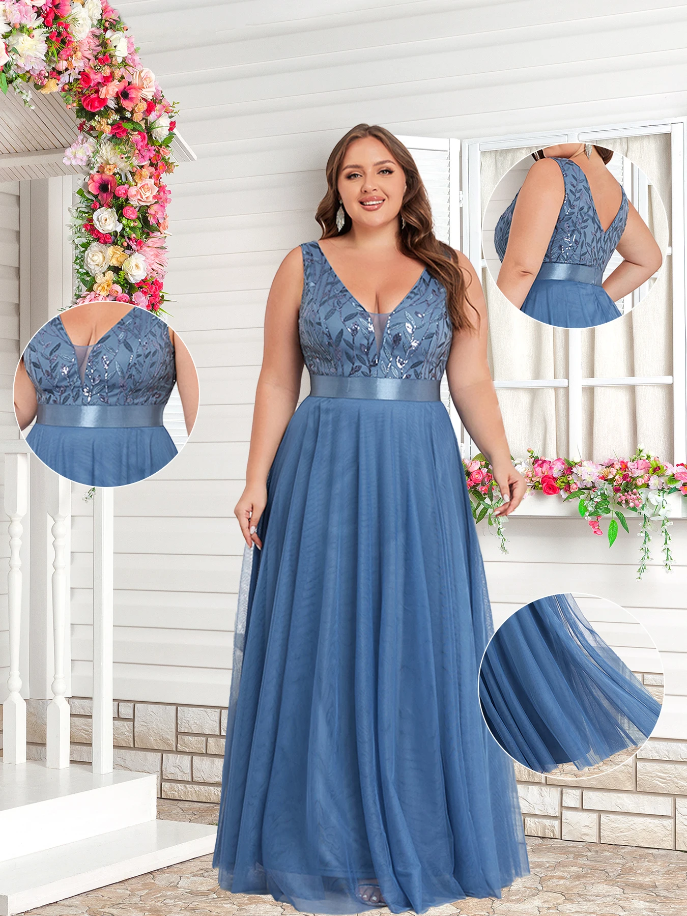 فستان شاش طويل أنيق بدون أكمام برقبة على شكل حرف V مع ترتر يسلط الضوء على مزاج الآلهة