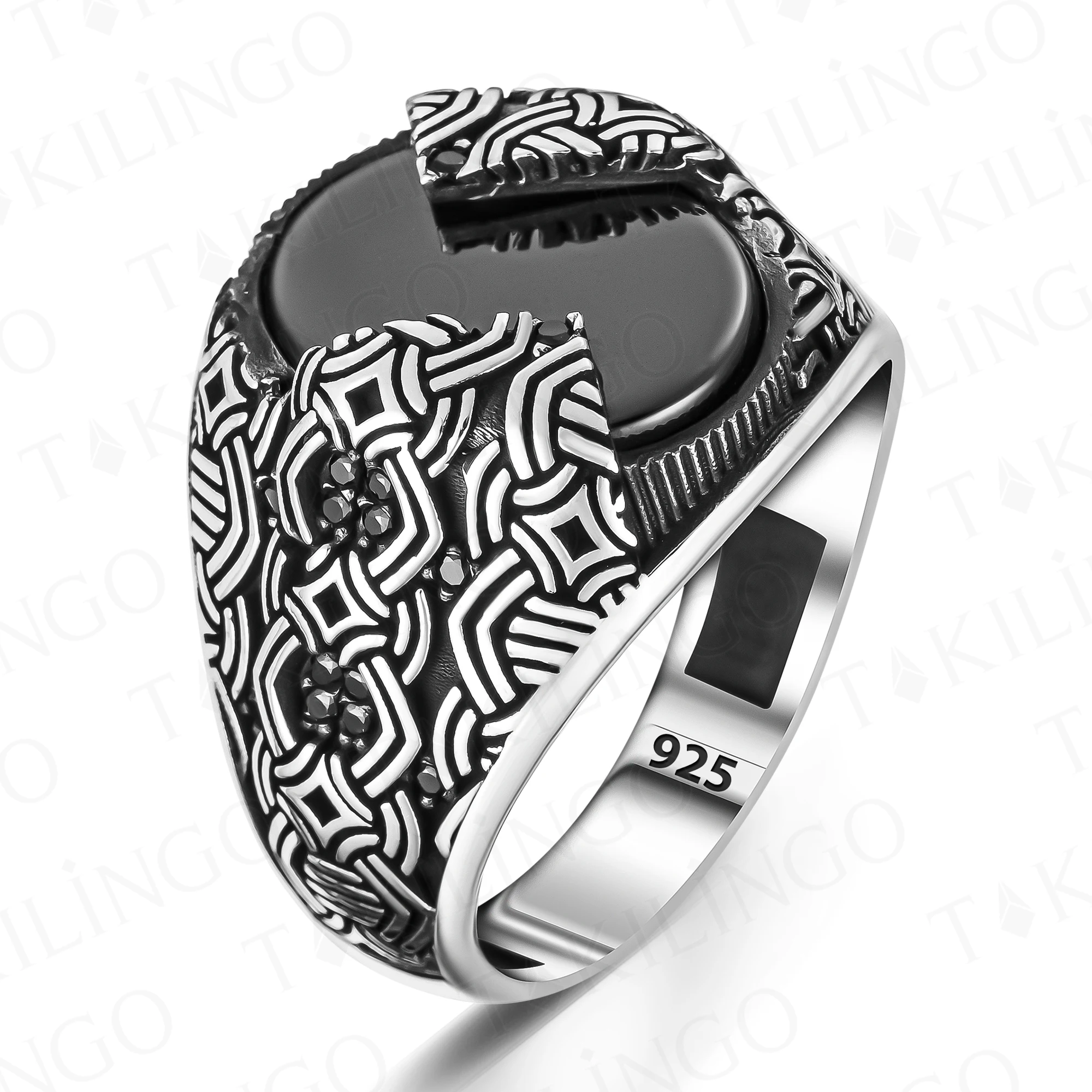 925k Stamped Solid Sterling Silver Special Cut Black Onyx Stone Men\'s Ring Signet Ring for Men