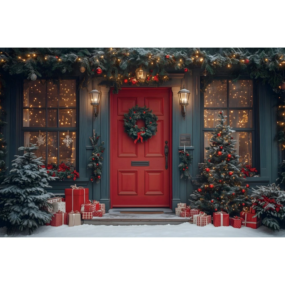 Fond de photographie de Noël d'hiver, arbre de Noël, neige, cadeaux, fenêtre, porte en bois, cour, portrait de famille, studio photo