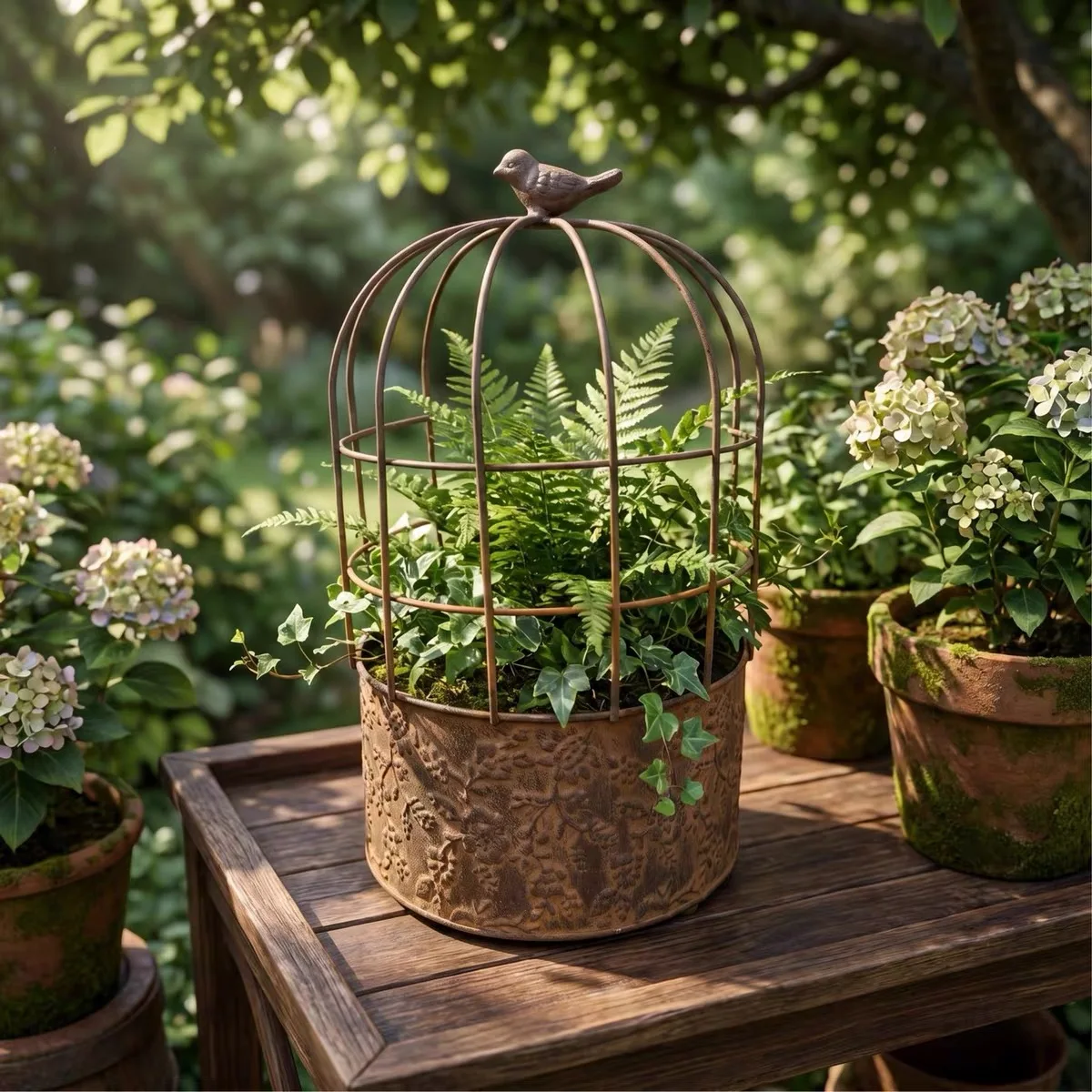 Vintage Birdcage Metal Planter with Bird Finial, Distressed Embossed Iron Flower Pot with Drainage Hole for Garden Patio Balcony