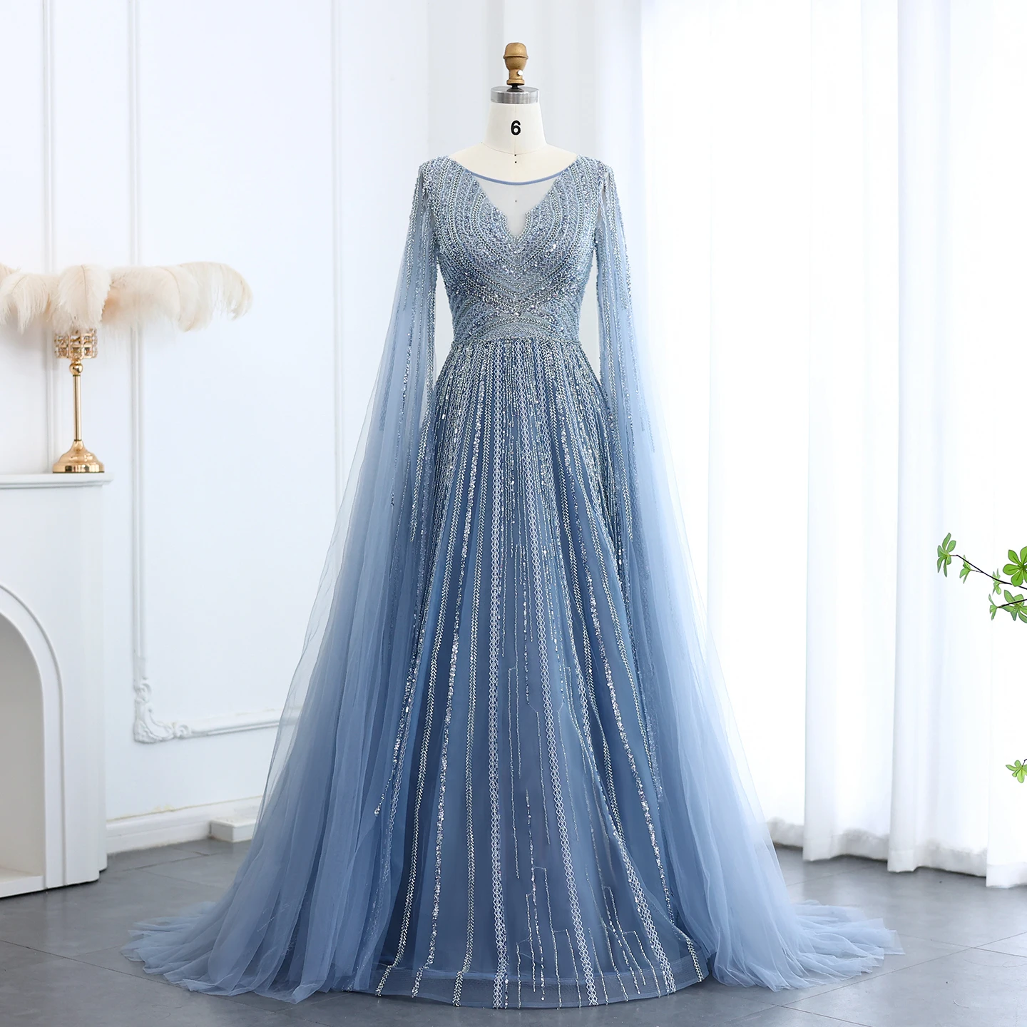 Sharon Said Luxury Gray Green Arabic Plus Size Blue Pink Evening Dresses with Cape Sleeves for Wedding Party SS005 Customized