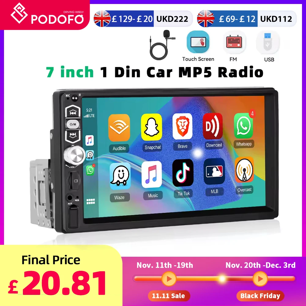Podofo 7 Inch Wired For Apple Carplay Android Auto Double 2 DIN Car Stereo Radio AUX FM Bluetooth USB TF Touchscreen Mirror Link