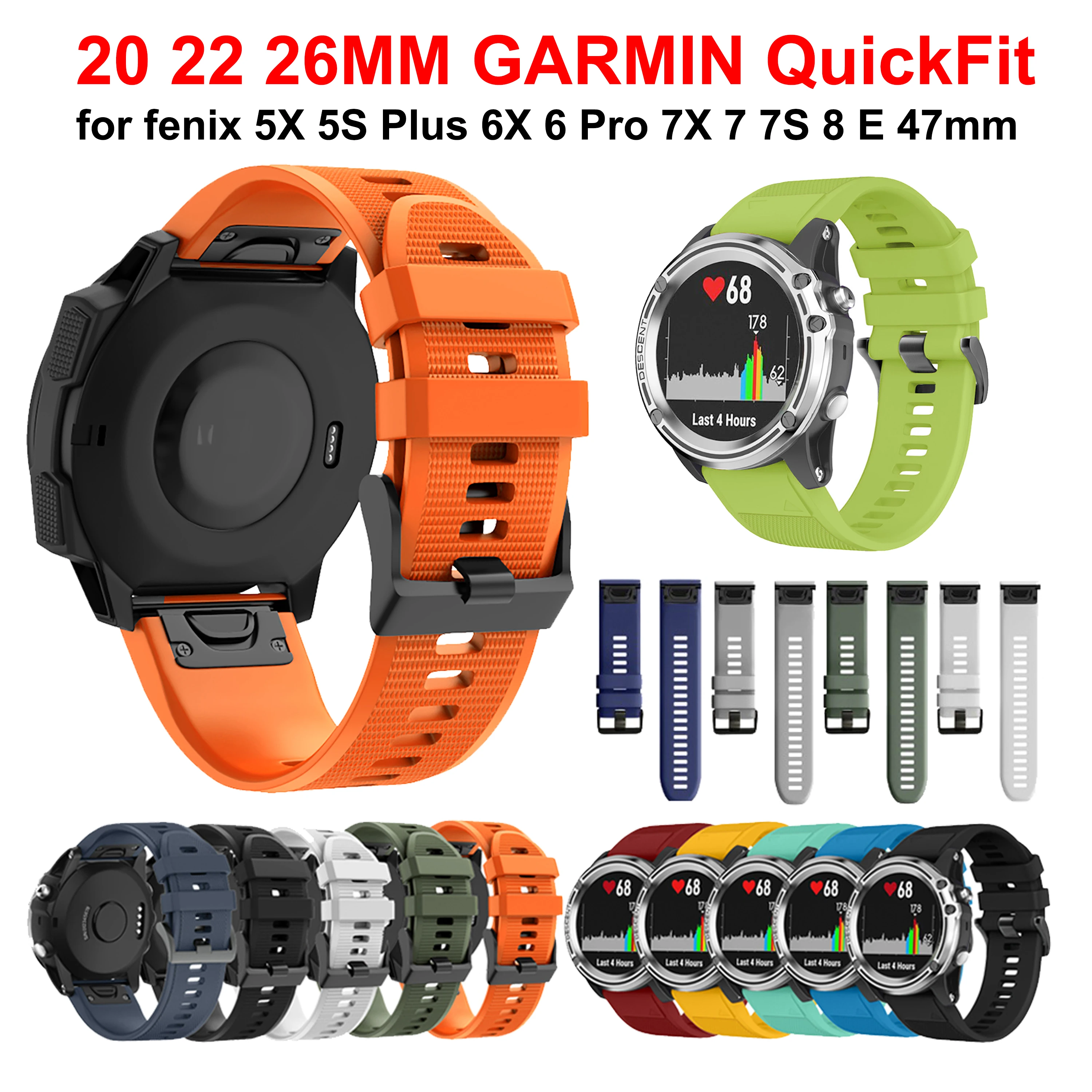 

22 26 20MM Quick Fit Silicone Strap for Garmin fenix 5X 5S Plus 6X 6 Pro 7X 7S 8E Gen2 47mm WristStrap QuickFit Release Bracele