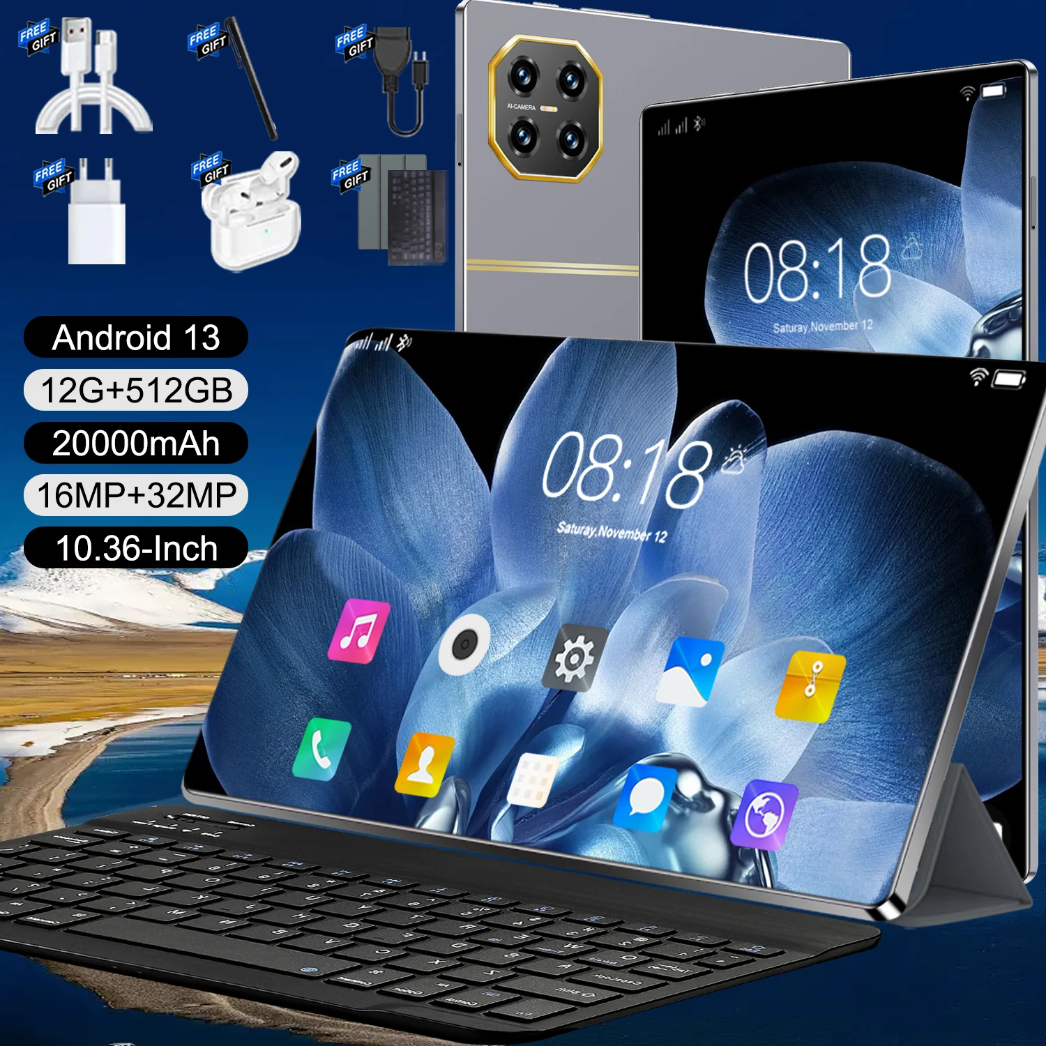 Tablet para Estudiantes 2026, 10.36" HD, Android 13, 14 Núcleos, 12GB+512GB, 20000mAh, 5G, Doble SIM, WIFI, Cámara de 16MP+32MP