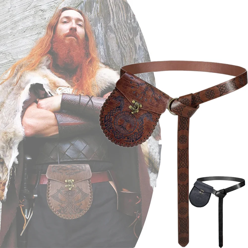 

Medieval Drawstring Belt Retro Leather Belt Fanny Bag Key Ring Set with Coin Purse Renaissance Knight Accessories for Halloween