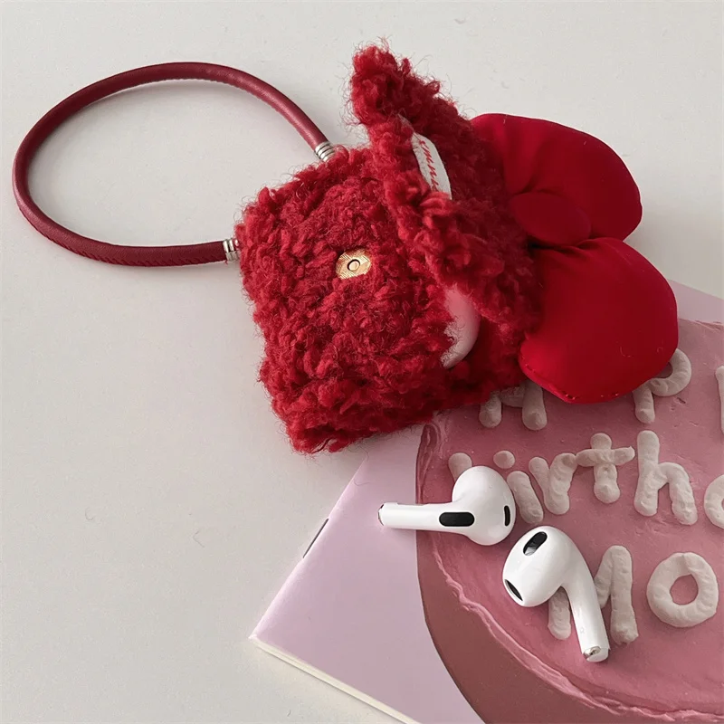 Cute Bow Plush Earphone Case For Apple Airpods 4 3 2 Cover with Hand Strap Kawaii Fluffy Headphone Charging Cases For Airpod Pro