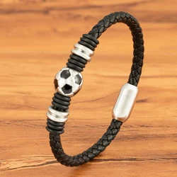 TYO Sports Style Football Design Stainless Steel Button Woven Leather Men Bracelet Bangle World Cup Gift Campus Gym Accessories
