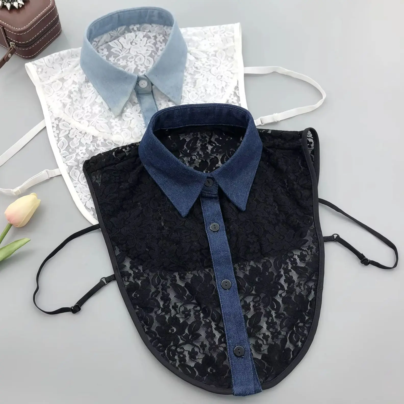 2024 New Denim Spliced Flower Lace Shirt Style Fake Collar Detachable Pointed Collar