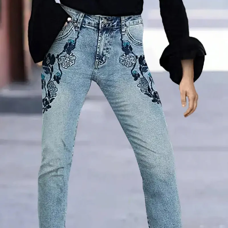 New Slimming Girlfriend Ankle Denim Jeans Flora-Embroidered High Stretchy Ladies Pants Mid Rise Straight Leg Mom's Trousers T49