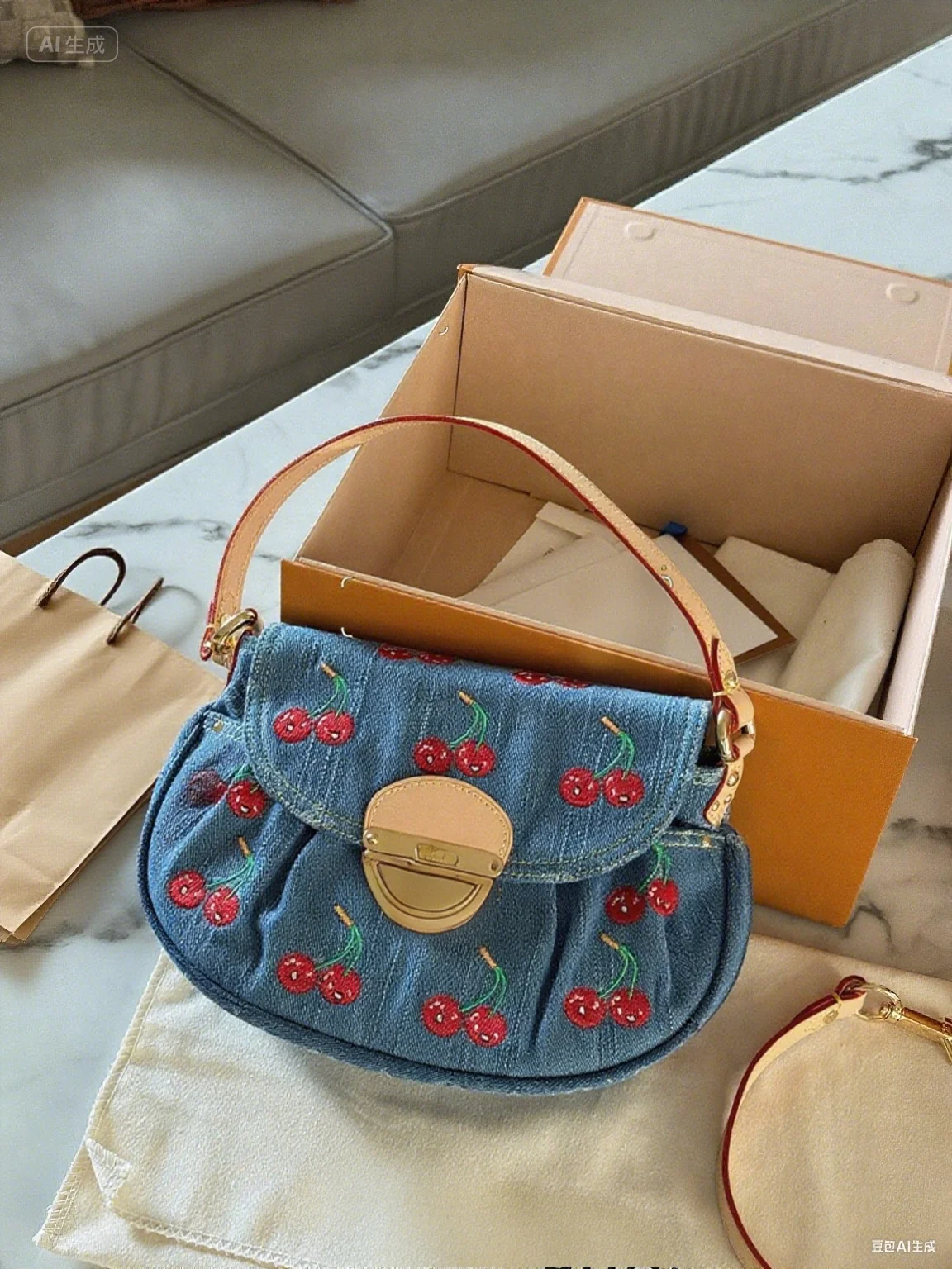 

2025 New and Fashionable Embroidered Cherry Denim Handbag Bow Zipper Pillow Bag ZXM037