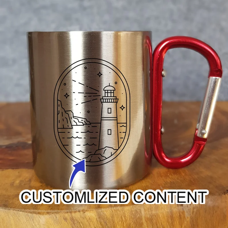 Stainless Steel Camping Mug with Carabiner Handle Mountain Moon Forest Print Portable Outdoor Hiking Travel Coffee Cup.