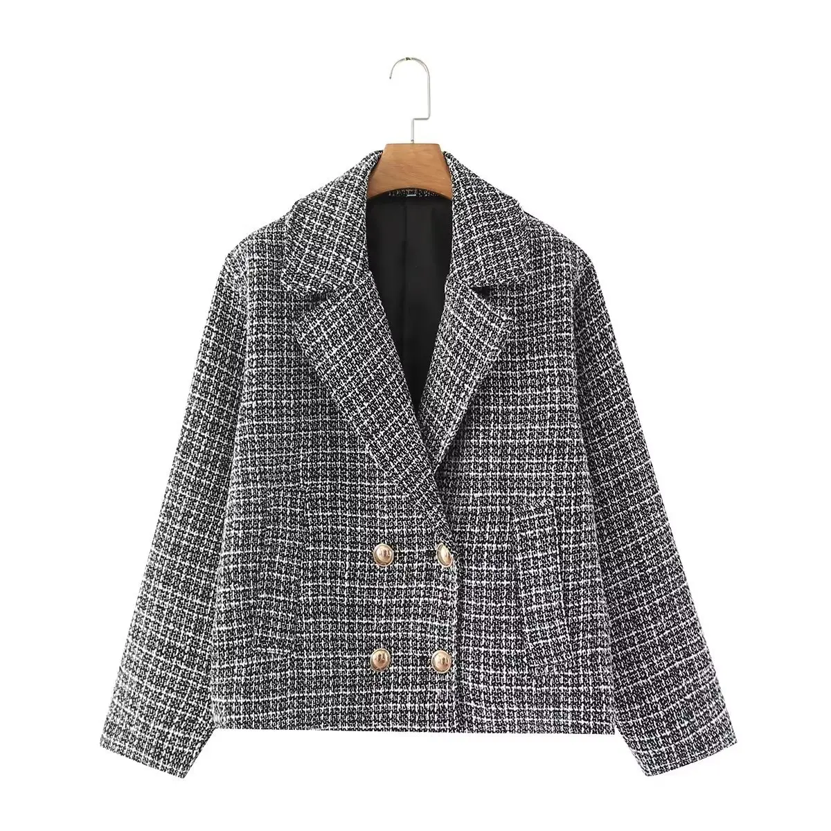 

Autumn Women's Tweed Short Blazer Gray Plaid Double Breasted Suit Coat