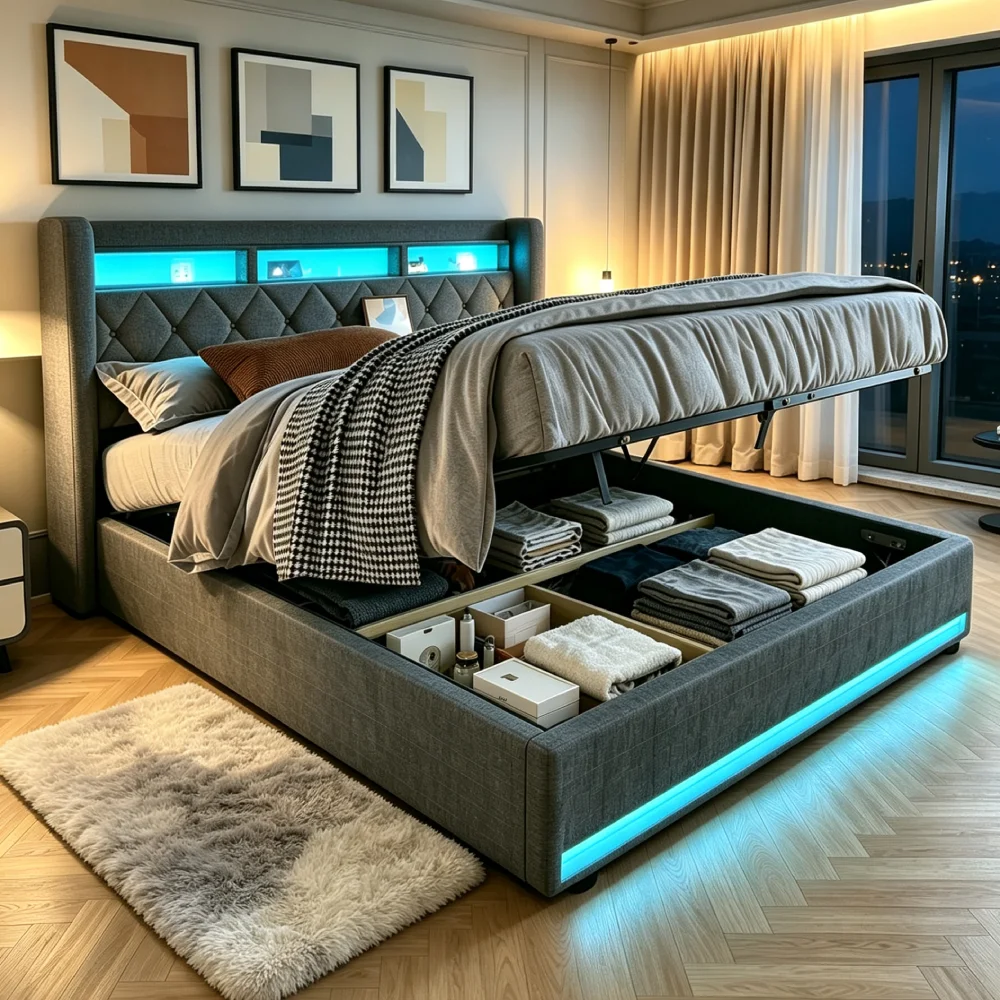 Letto Pneumatico Smontabile Mihtrov con Luce LED Regolabile per il Sonno, Ampio Spazio di Stoccaggio, Struttura del Letto con USB e Alimentazione Incorporati, Adatto per Camera da Letto, Inquilini e
