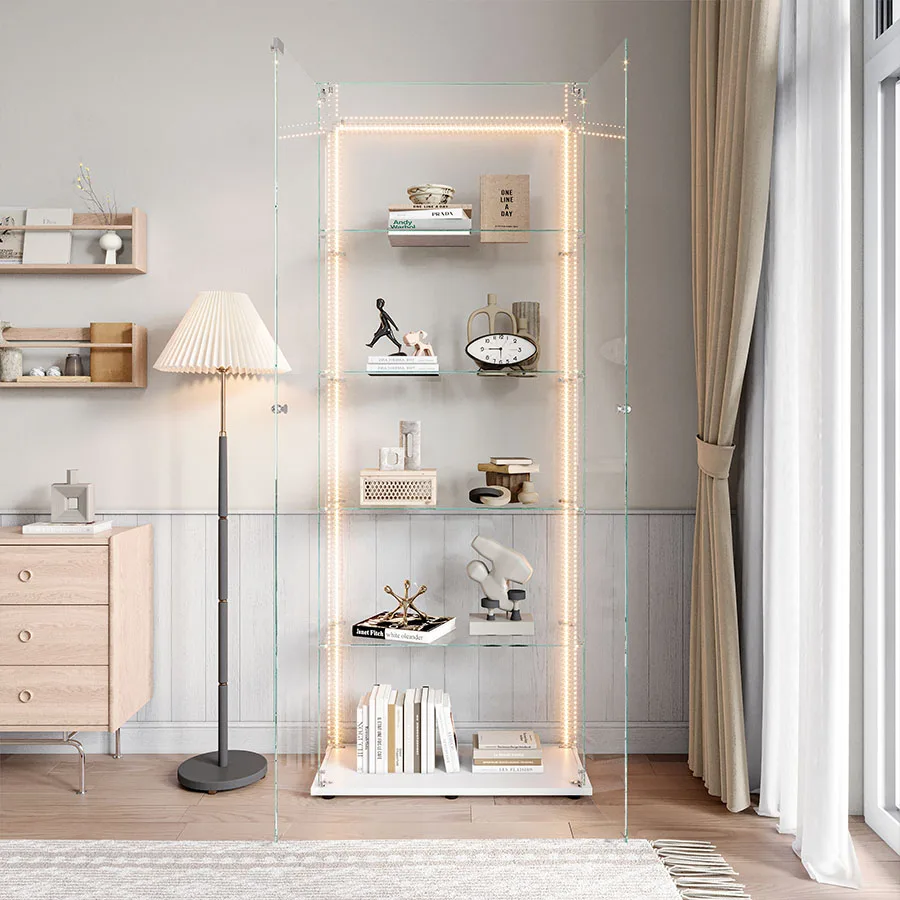 Anajqaqia Armoire en verre à 5 étagères avec portes doubles, vitrine de collection pour chambre et bar, blanc/noir