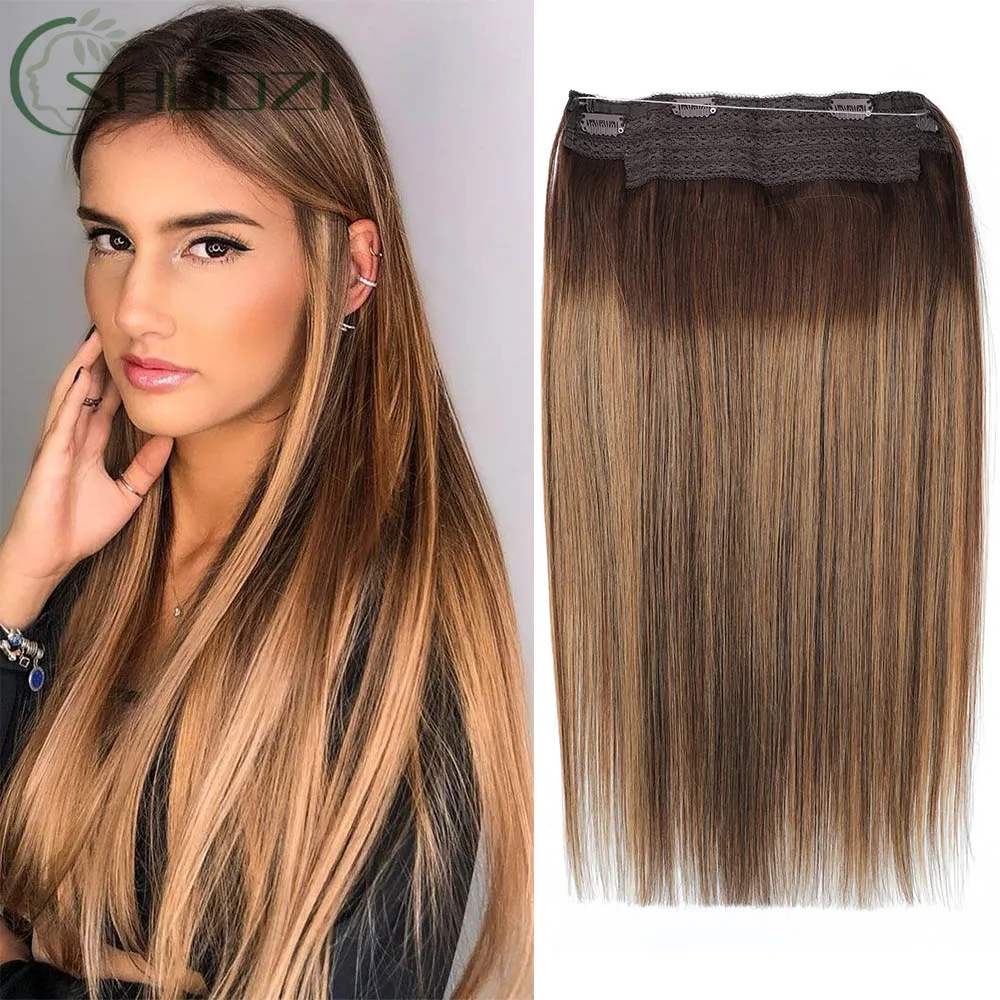 Invisible Transparent Wire Human Hair Extensions Straight Remy Fishing Line with 4 Clips 12-18Inch Natural Human Hair Extensions