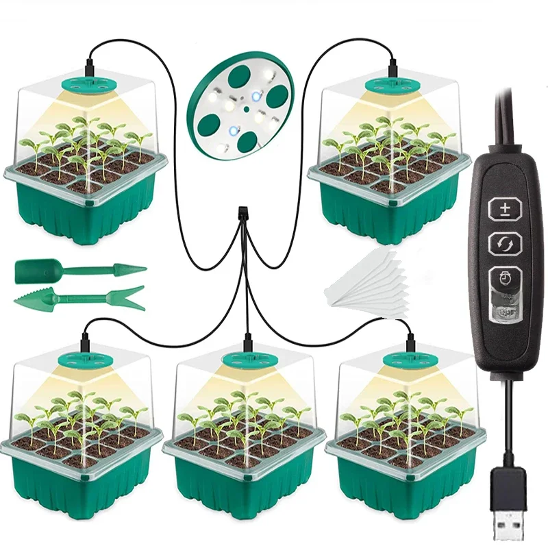 Lampe de croissance LED à spectre complet avec plateau de semis, plateaux de démarrage de graines de plantes, plateaux de culture de serre avec trous, 12 cellules par plateau