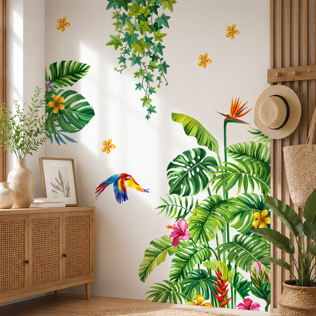 Tropical Plants Door Stickers Palm Leaves Wall Decals Parrot Hanging Ivy Floral Wall Stickers for Living Room Bedroom Home Decor view 2