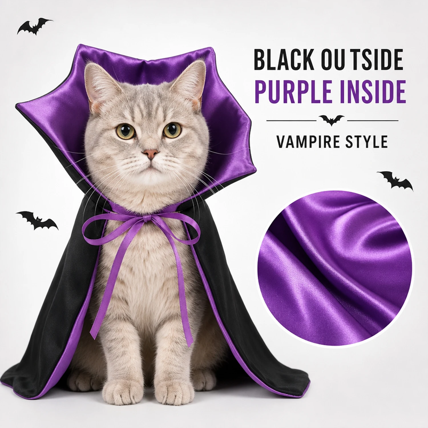 Halloween-Vampirumhang für Hunde und Katzen, lila Zaubererumhang als Haustierkostüm mit verstellbarer Krawatte, gruseliges Verkleidungs-Outfit. – Detail 4