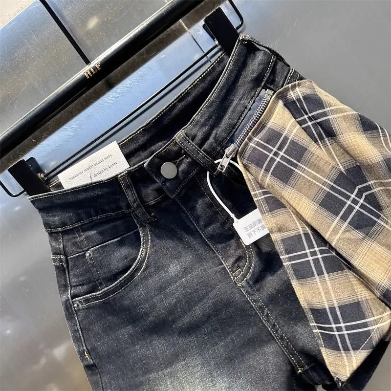 Short taille haute en Patchwork à carreaux noirs pour femmes Y2K American High Street années 2000 rétro Hot Girl Short en jean trapèze à jambes larges