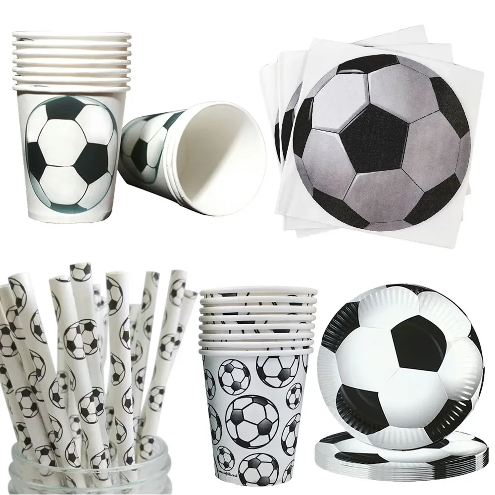 Talheres descartáveis com tema de futebol, prato de papel para festa de futebol, canudos, copo,