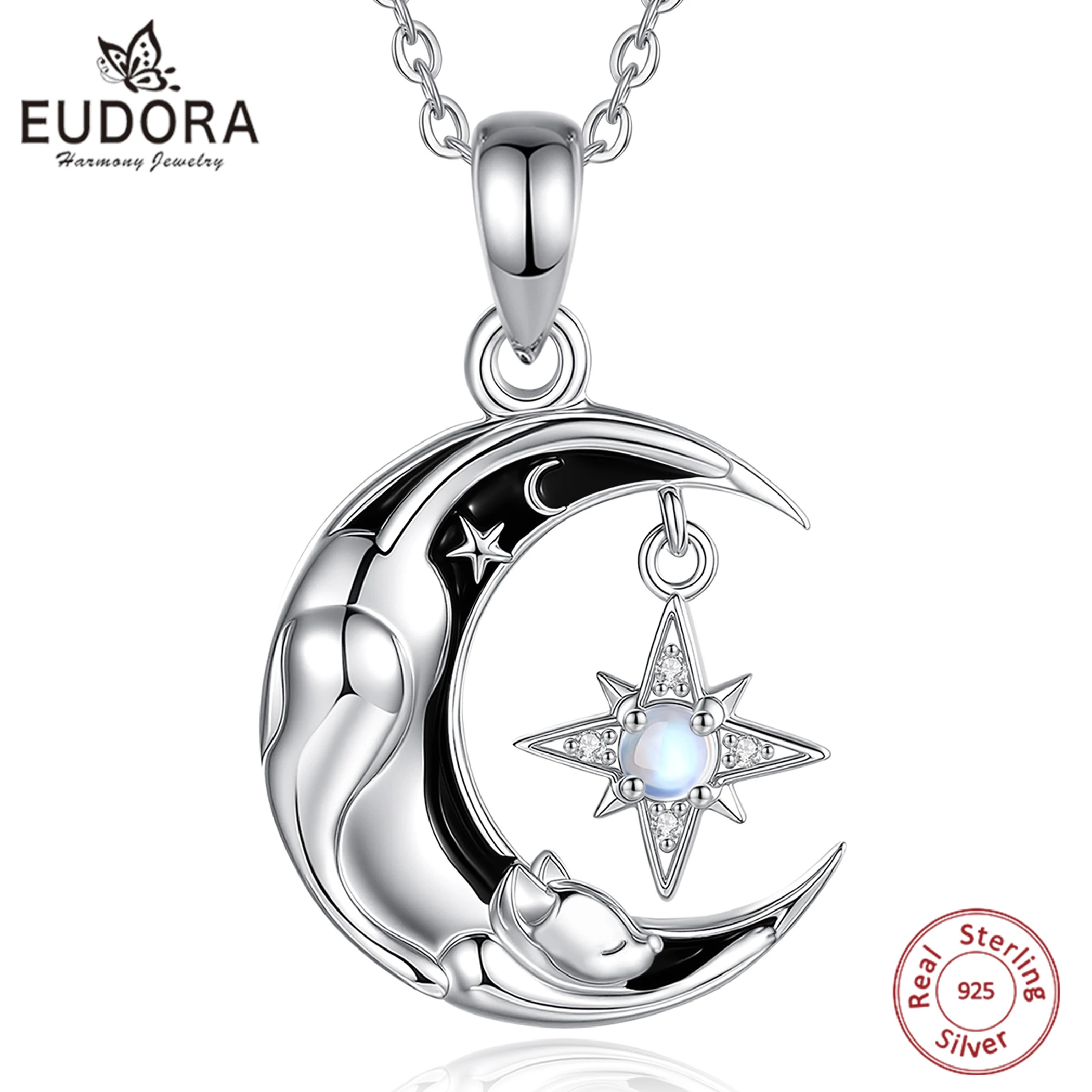 

Eudora 925 Sterling Silver Celestial Moon Cat Necklace North Star Sleeping Cat Pendant Spiritual Jewelry Gift for Women Men