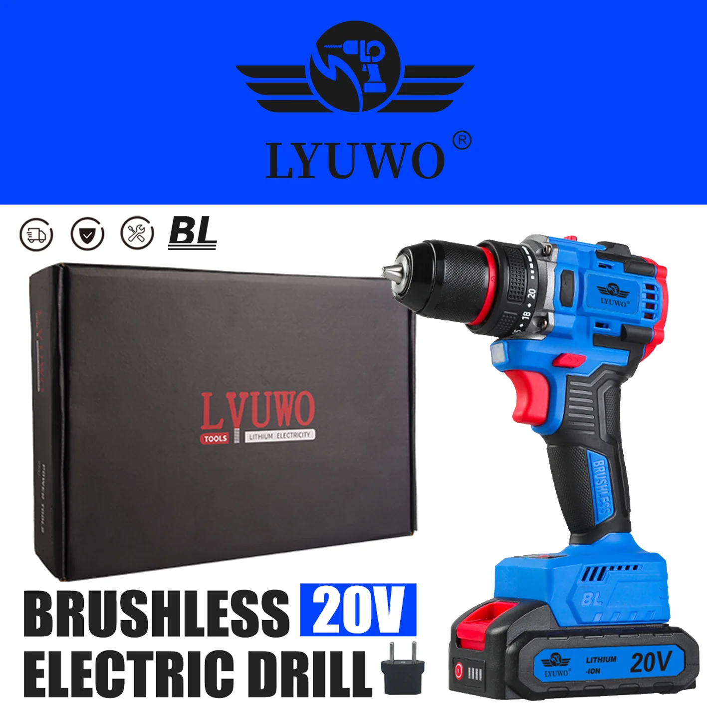 LYUWO 21V Brushless motor Cordless Drill Rechargeable Electric Screwdriver Lithium Battery Household Multi-function  Speed Power