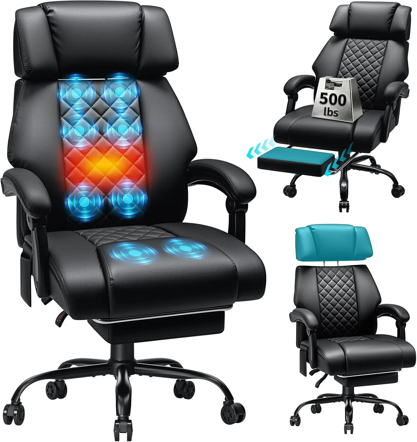8-Point Vibration Massage Office Chair with Heat for Home Office 500lbs Comfy Desk Chair Computer Chair with Footrest and Adjustable Headrest,Leather Office Chair for Gaming,Working,Black