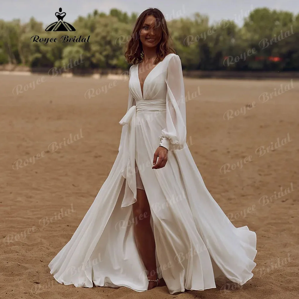 Rustic Long Sleeve Chiffon Split Side V Neck Wedding Party Dress for Women 2025 Boho Elopement Bridal Gown Customized vestidos