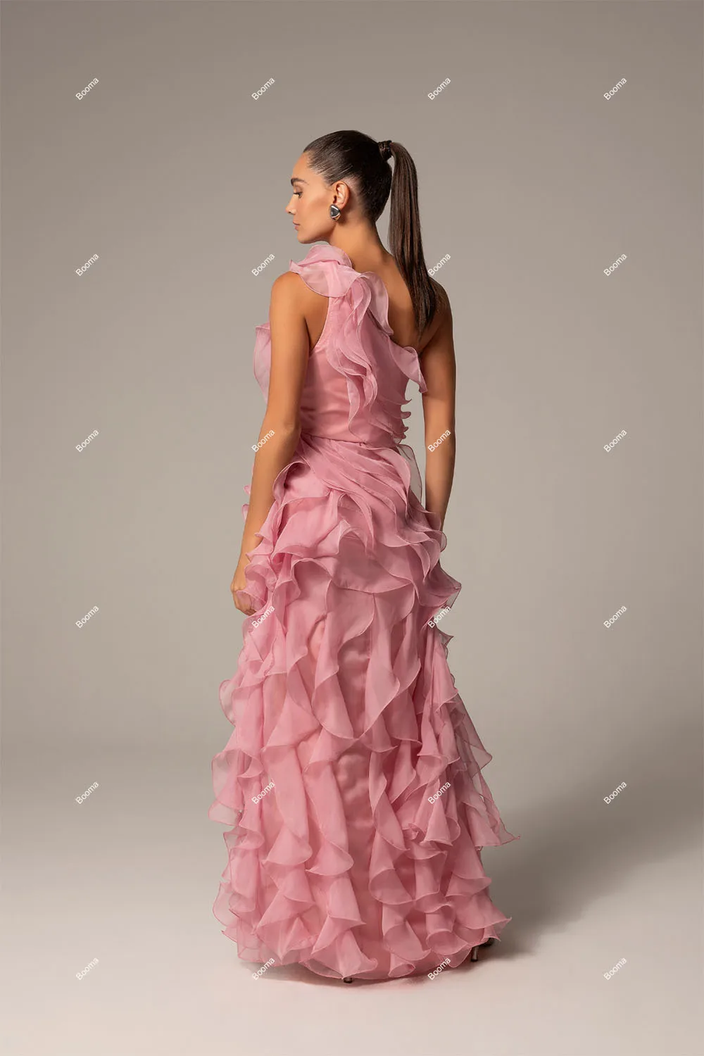 Booma Pink A-line Prom Dresses One Shoulder Ruffles Orgazan Wedding Party Gowns High Side Slit Women's Evening Dress Customized