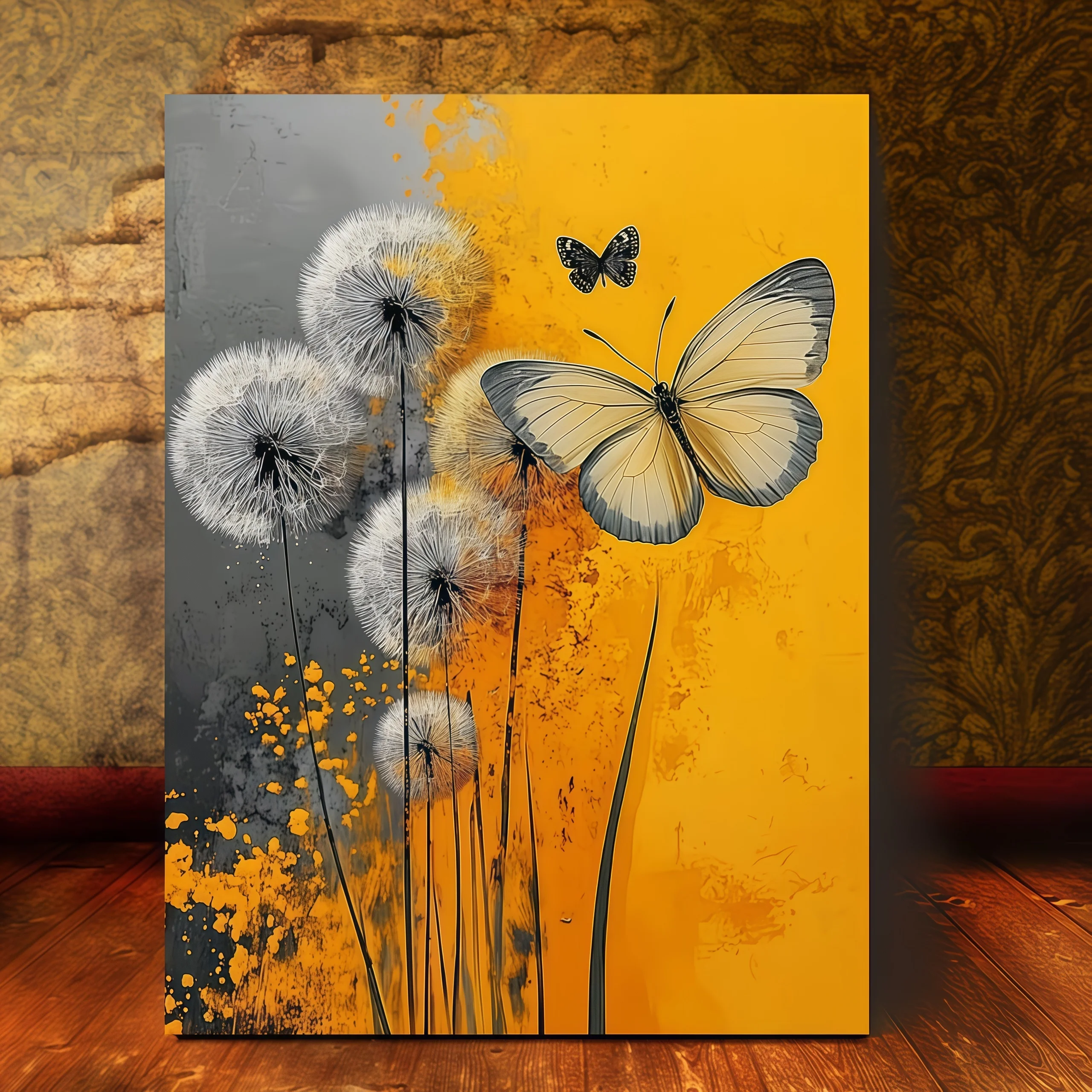 Charming Yellow Dandelion Butterfly Canvas Wall Art