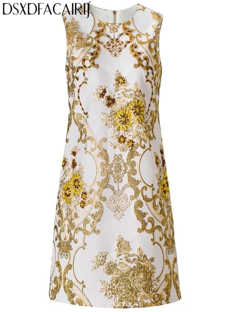 

DSFACAIRIJ Women's O-Neck Sleeveless Embroidery Decorate Beading Buttons Summer Classic Style Premium feel Mini Vest Dresses