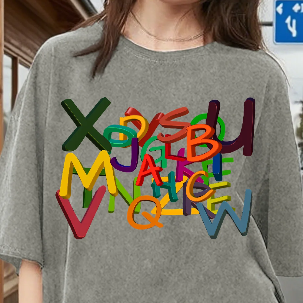 

Vintage Women Tshirt With Colorful Letters Graphic Tshirts Cotton Streetwear Tee Comfort Loose Fit Casual 2000s American Style