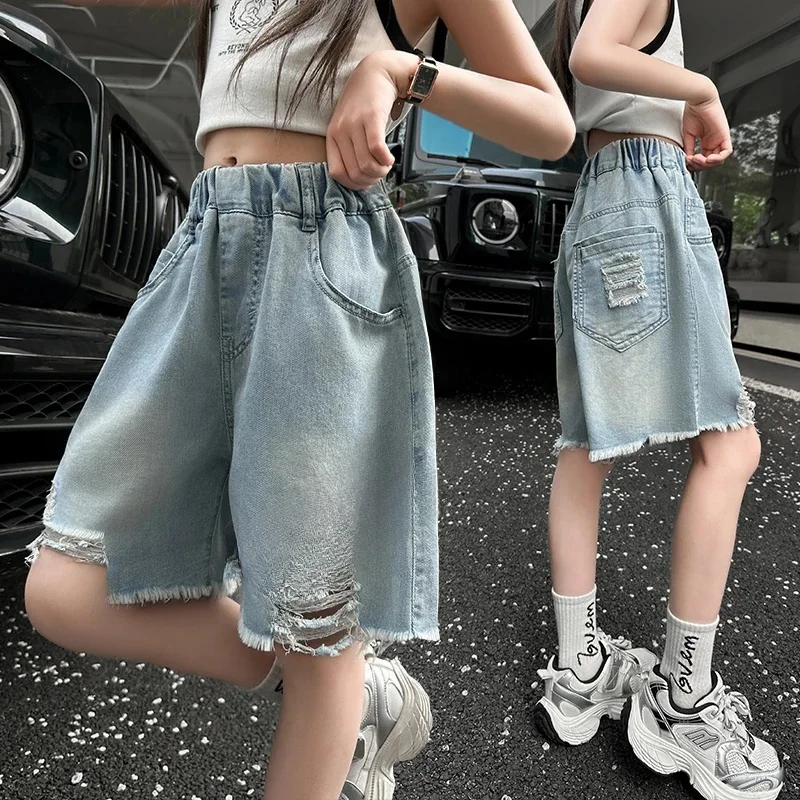 Y2K Kids Meisjes Hoge Taille Gebroken Denim Shorts voor Straat Kleding Tweens Kind Zomer Ontwerp Loose Fit Gescheurde Jeans Capri 5-14Y - afbeelding 2