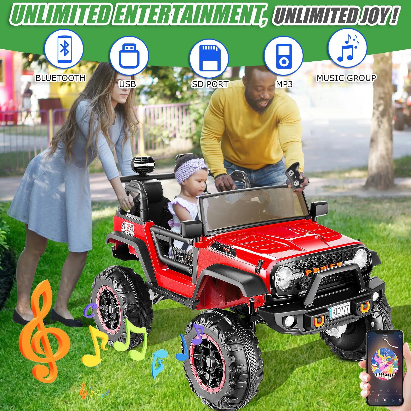 24V Kids Electric Ride on Jeep 2 Seater Battery Powered Truck with 20'' Wide Seat, 4x100W Powerful Wheels, Music, Remote Control