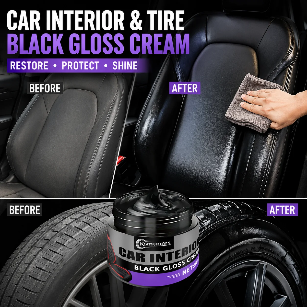 Automotive Plastic Restorer Paste, Glossy Black Polish for Bumpers, Interior Trim, Rubber Parts and Tires